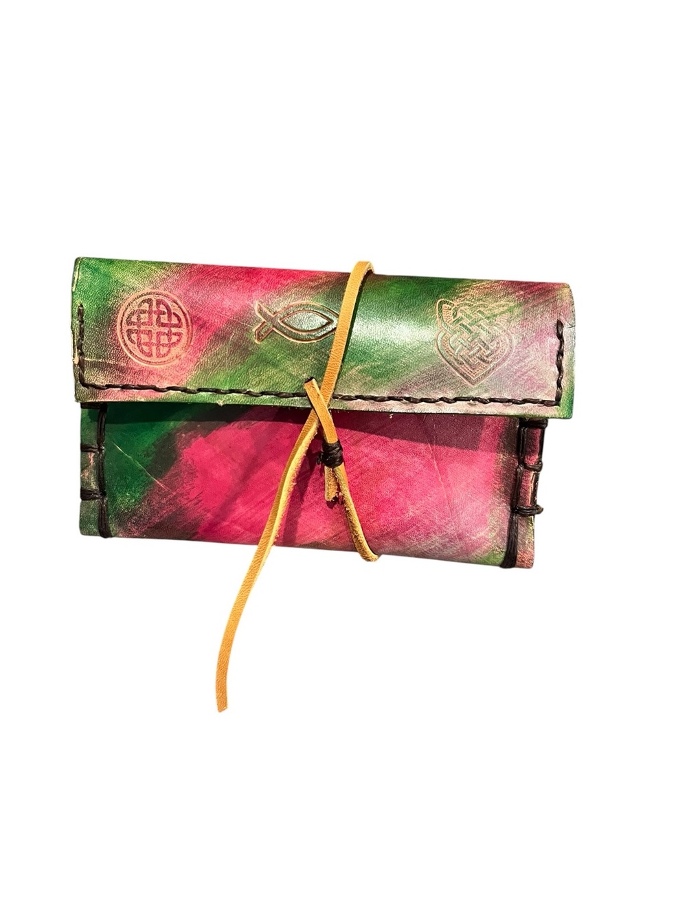Handcrafted Leather Tobacco Pouch Colorful Celtic Knots Fish Symbol